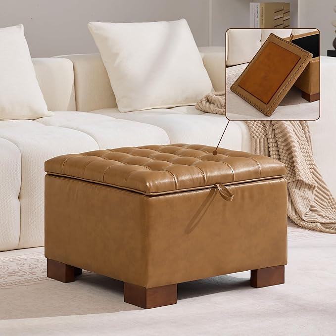 WUTUTUEE 24" Faux Leather Square Storage Ottoman
