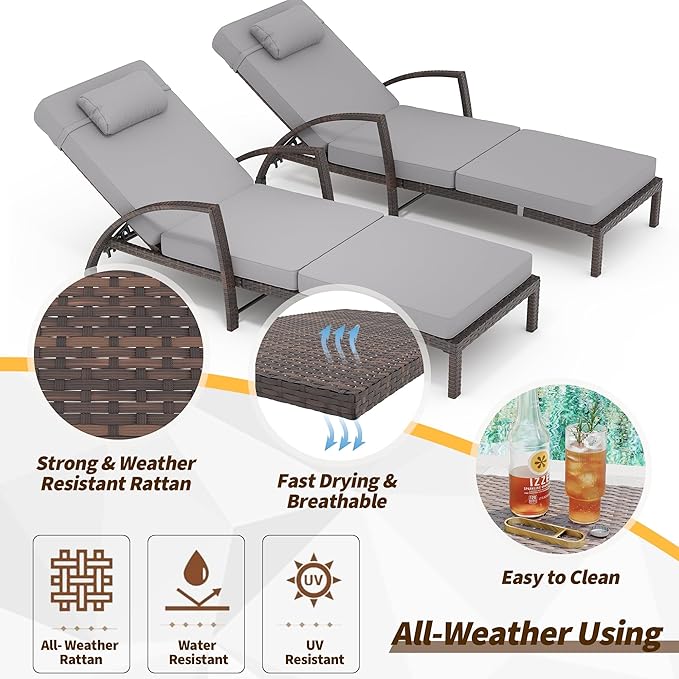 GarveeLife 2-Piece Rattan Patio Folding Chaise Lounge, 5-Position Adjustable