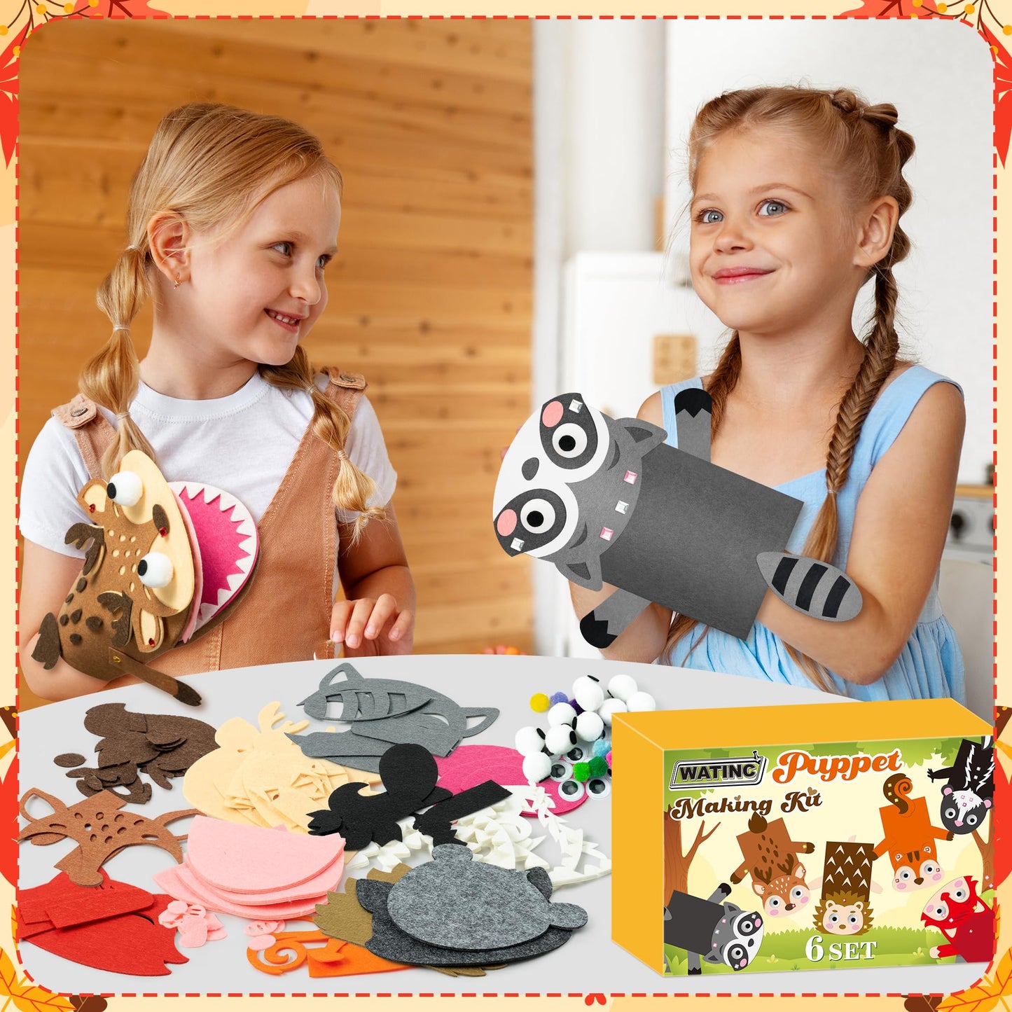 WATINC 6Pcs Hand Puppet Making Kit, Art Craft Felt Sock Puppet Toys, Creative DIY Make Your Own Pompoms Wiggle Googly Eyes Storytelling Role Play Party Supplies Gift for Girls Boys (Woodland A)