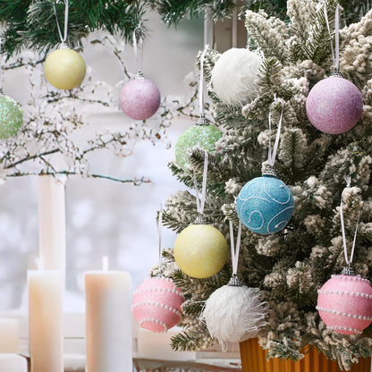 Syhood 12 Pcs 2.4 Inch Pastel Winter Tree Ornament Pink Yellow Blue Shatterproof Xmas Ornament Glitter Foam Winter Balls Tree Decoration for Home Xmas Holiday Candyland Party Centerpiece
