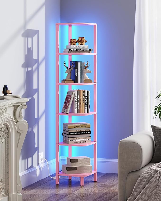 TUTOTAK Corner Shelf with LED Light, 6-Tier Corner Bookshelf