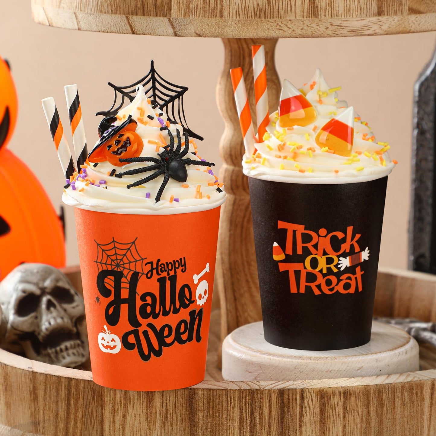 Yungyan 2 Pcs Tiered Tray Decor with Faux Whipped Cream Cups - Halloween Bar & Station Photo Prop Farmhouse Table Decor
