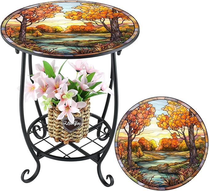 Cinnvoice Outdoor Side Table Round Small Mosaic Patio Accent Indoor End Plant