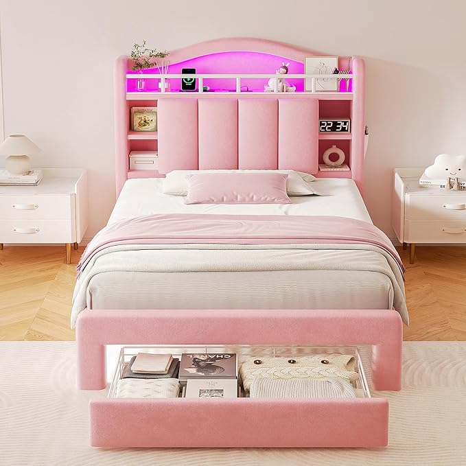 Twin LED Bed Frame with Storage Headboard & 2 Storage Drawers, Princess Velvet