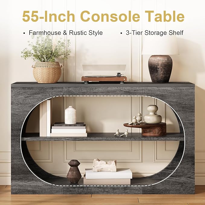 Console Table, 55-Inch Entryway Tables 3-Tier Wood Narrow Sofa Tables