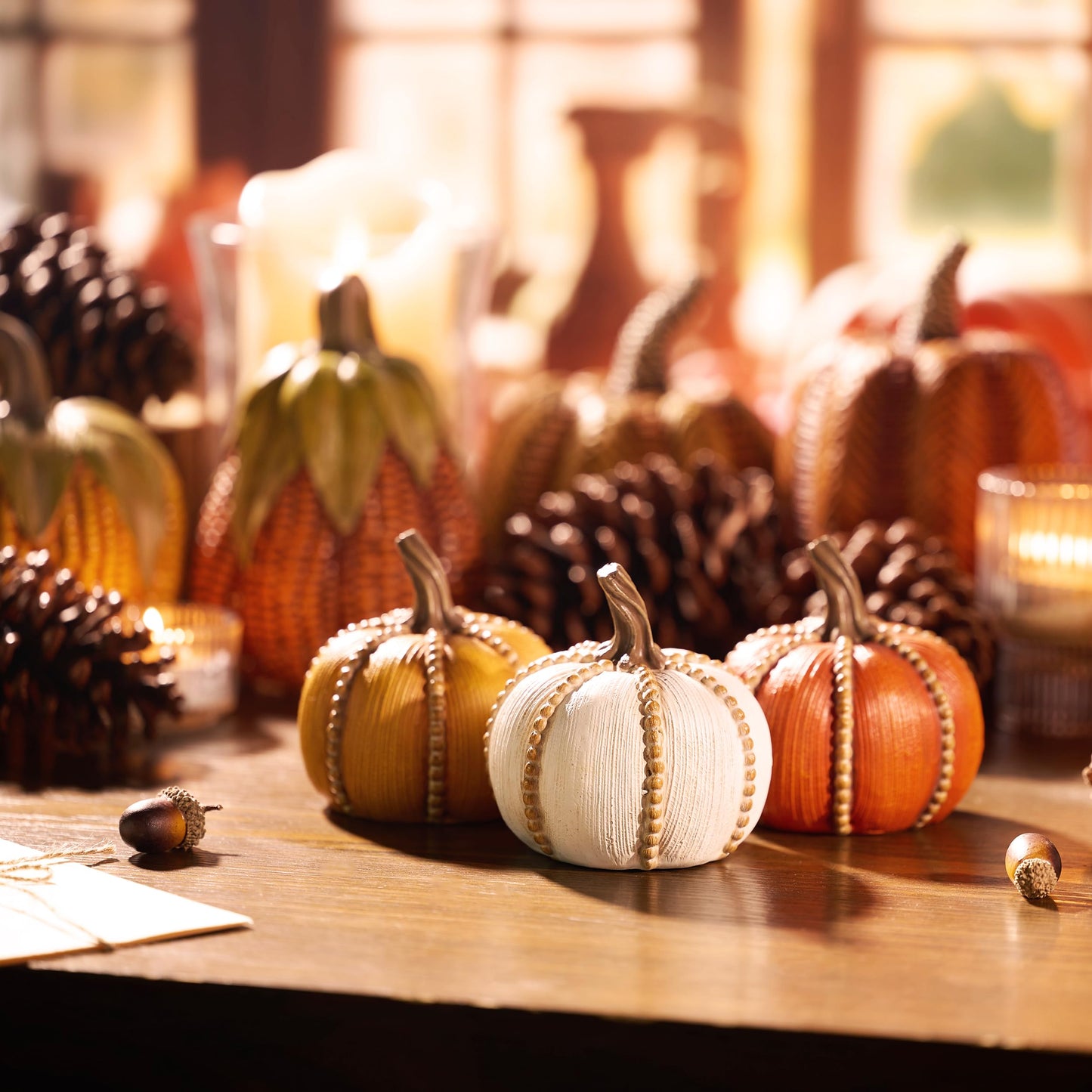 Valery Madelyn Fall Decorations for Home, Set of 3 Resin Fall Pumpkin Decor Indoor, Decorative Pumpkins Table Centerpieces Autumn Thanksgiving Halloween Decorations, 3.5 Inch