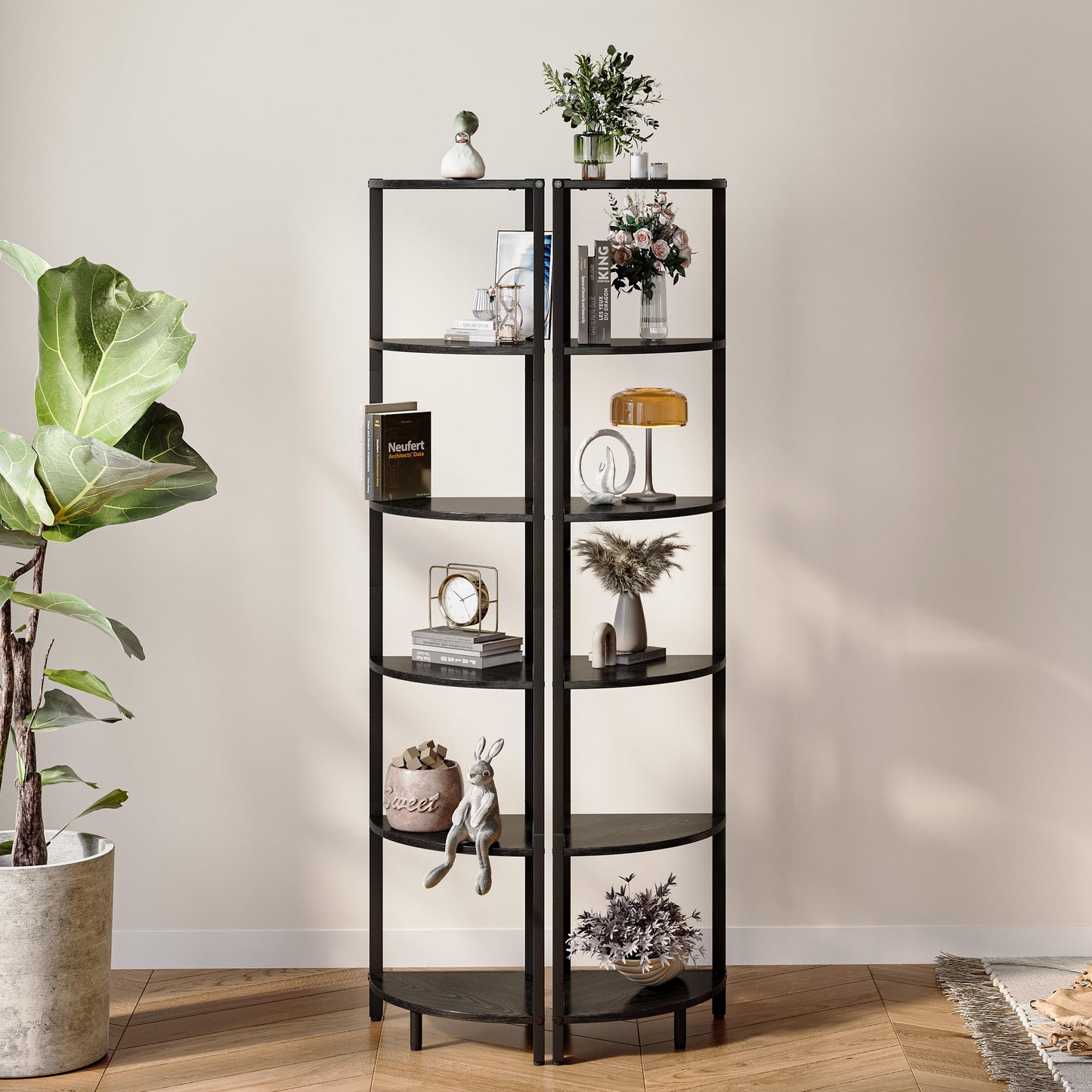 6 Tier Corner Shelf 63.1" Tall Corner Shelves stand Ladder shelf metal Standing Bookshelf Organizer Display Rack Bookcase Plant Stand Industrial for Living Room Bedroom Black Wood grain CS-001B3
