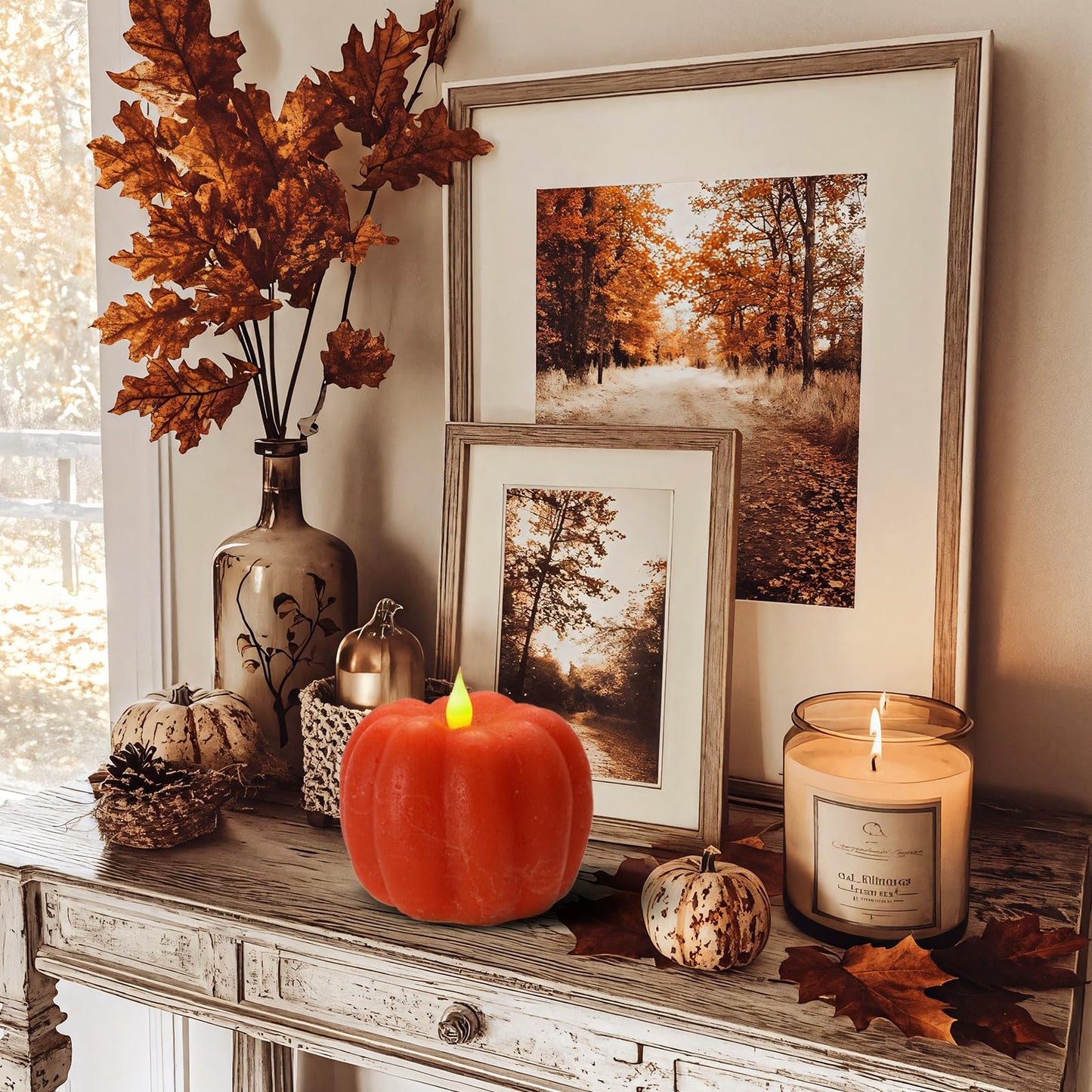Fall Decor Pumpkin Flameless Candles - Battery Powered LED Pumpkin Flickering Candle with Timer Remote Control, Thanksgiving Gifts, Autumn Farmhouse Rustic Harvest Decor for Indoor (Orange)