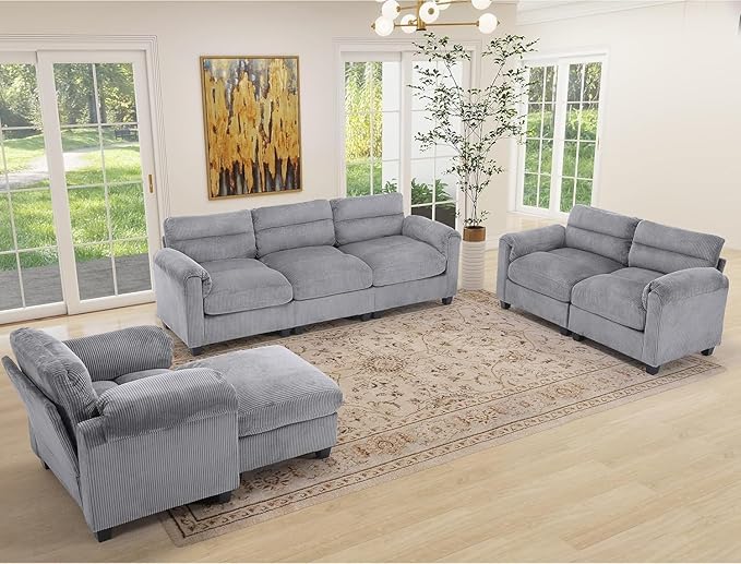 HAOMARKETS Corduroy 3-Piece Sofa Set, Upholstered Ottoman, Loveseat 2-Seater