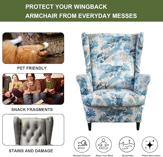 HAOYONG Wing Chair Slipcovers Printed Wingback Chair Covers 2 Pieces Wingback