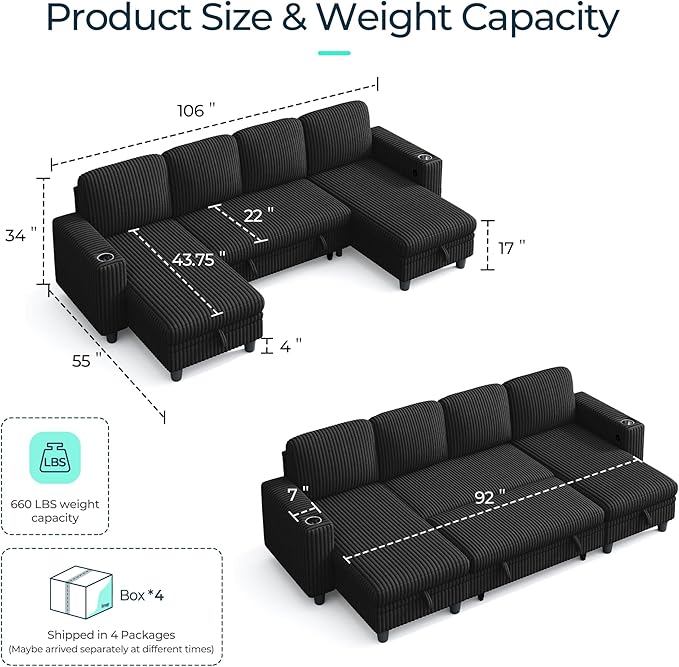 LINSY HOME Sectional Sleeper Sofa Pull Out Couches
