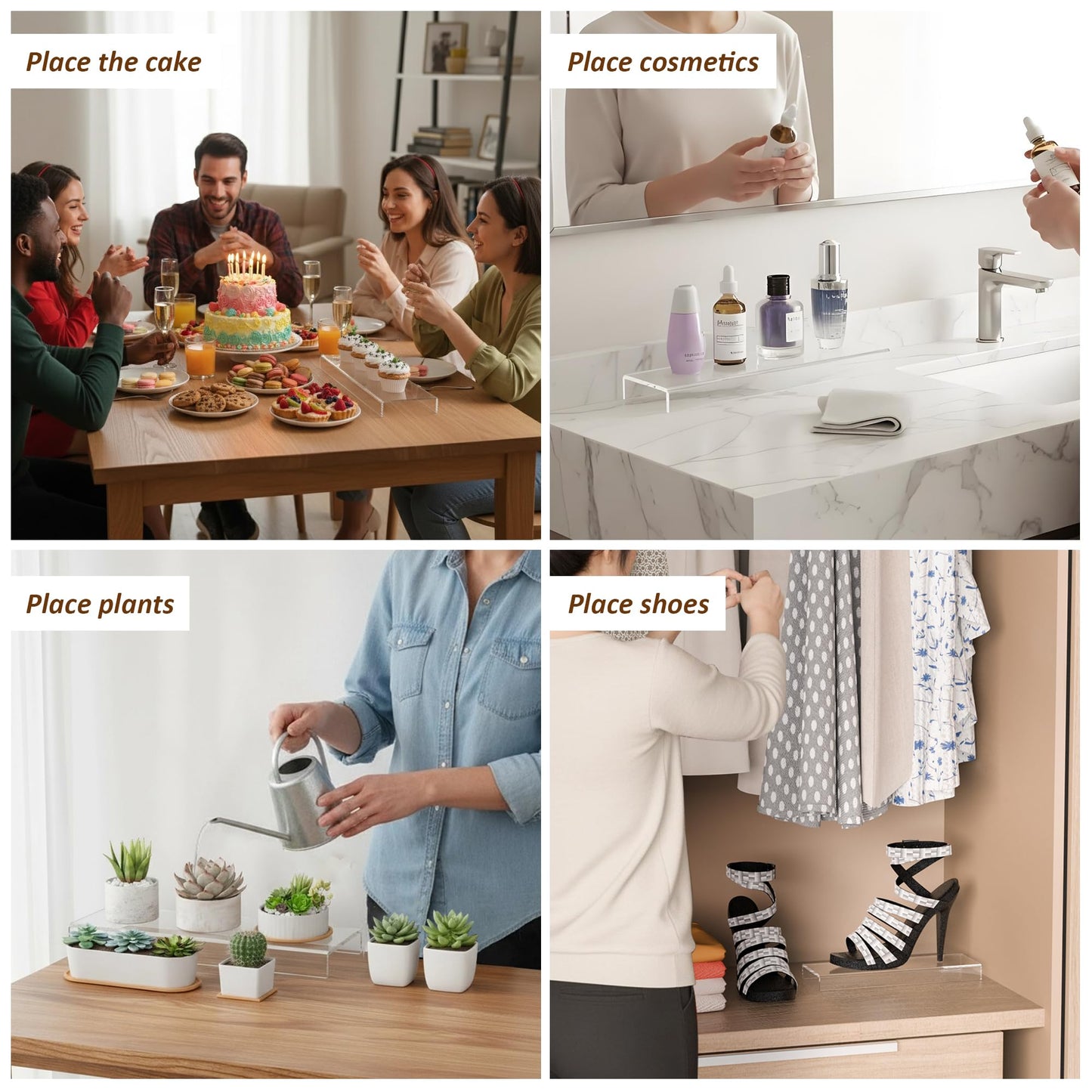 Sezanrpt Acrylic Shelf Riser 12x3.9x1 pack of 2, Clear Display Shelf 12” for Shoes, Glasses, Plants, Home Decors, Perfume, 12x3.9x1 Inch