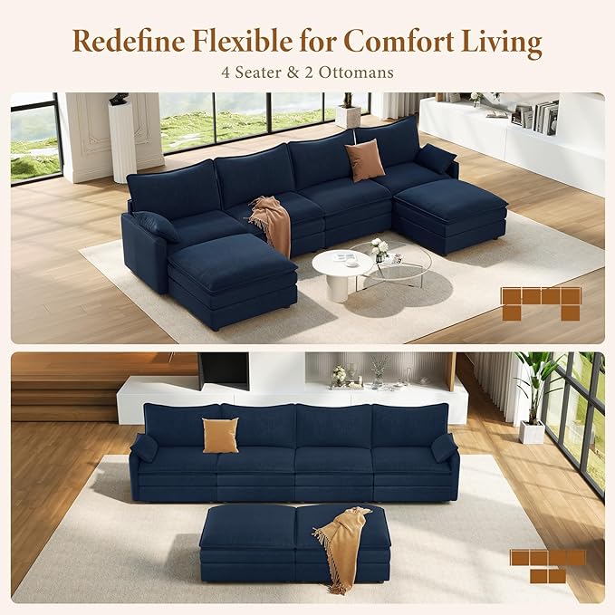 Vesgantti 142" U Shaped Sectional Couch, Comfy Cloud Modular Sectional Sofa