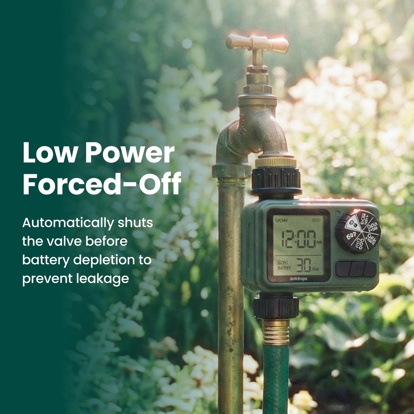 Soildrops Sprinkler Timer for Garden Hose, Programmable 1 or 2 Outlet Controller with Self-Cleaning Valve, 15-Day Frequency, Large Dial, Rain Delay & Auto-Off, IPX5