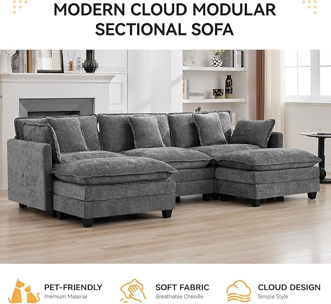 111'' Sectional Cloud Deep Seat Couch, Oversized Chenille U Shaped Sectional