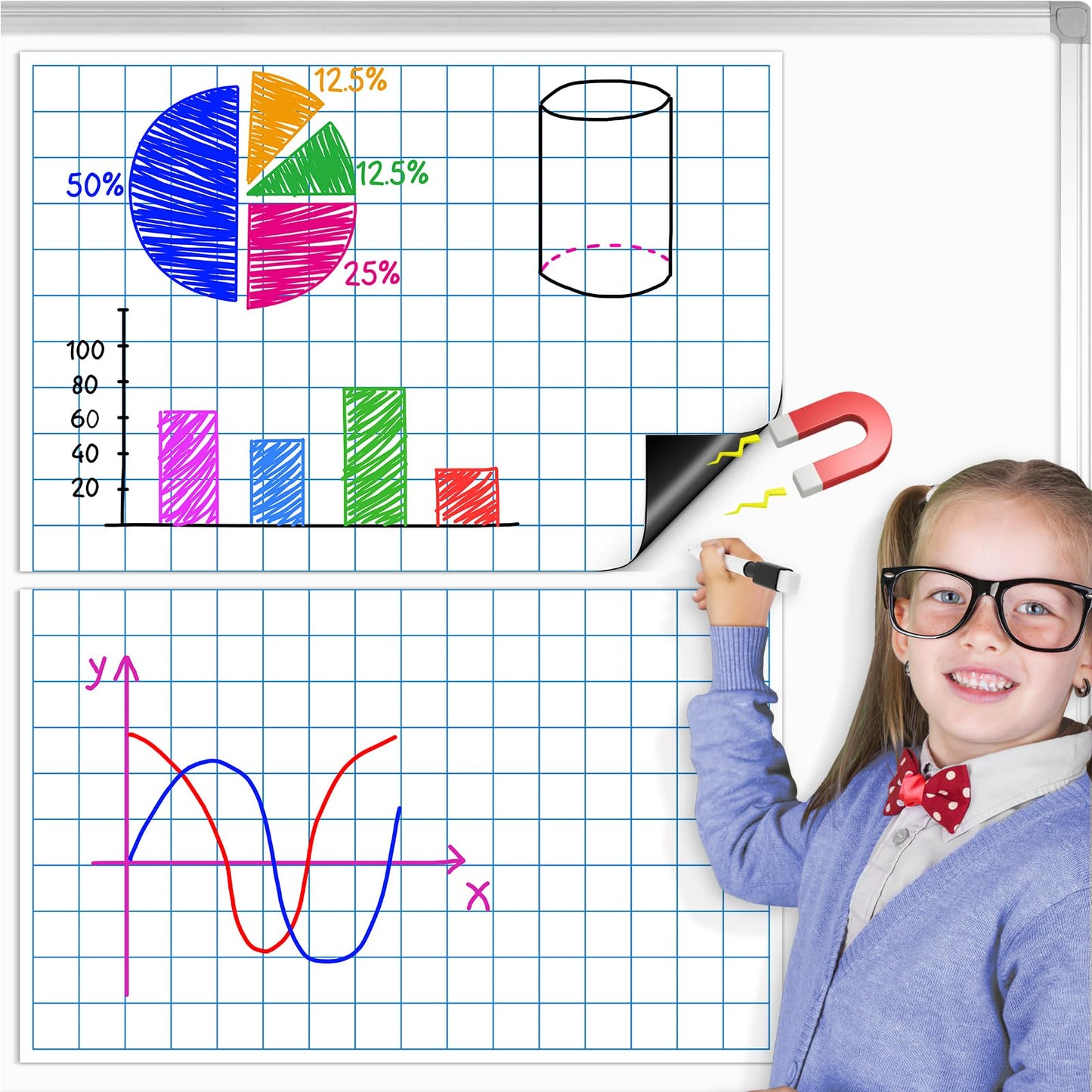 PraxiKidy Magnetic Graph Grid Paper,21.3" x 16.5" Dry Erase Chart Paper for Whiteboard Homeschool Essentials Teacher Must Haves,Math Classroom Teaching Supplies