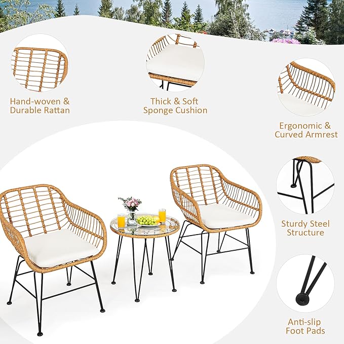 Tangkula 3 Pieces Patio Bistro Set, Rattan Conversation Set