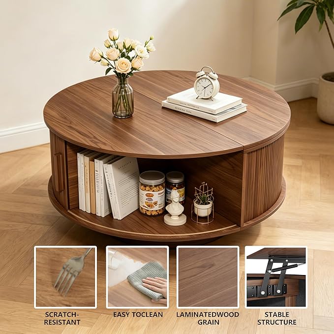 Round Lift Top Coffee Table, Mid Century Modern Fluted Circle Coffee Table