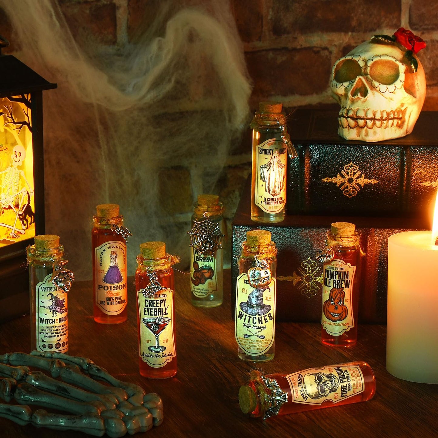 ZAUGONTW 91 Pcs Halloween Potion Bottle Set, 30 Potion Bottles with Cork Stoppers, Stickers, 30 Charms Pendants and 1 Piece String for Halloween Tiered Tray Decorations, Indoor Party Supplies