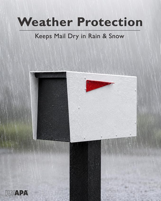 Ilyapa Modern Mailbox for Post Mount - White with Black Door Powder Coated Steel, Waterproof Letter Box for Parcels, with Recessed Magnetic Close Door