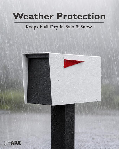 Ilyapa Modern Mailbox for Post Mount - White with Black Door Powder Coated Steel, Waterproof Letter Box for Parcels, with Recessed Magnetic Close Door