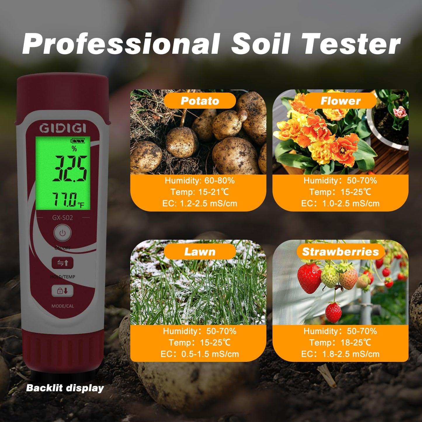 GIDIGI Moisture Meter for Plants, 3 in 1 Digital Soil Moisture Meter，Soil Moisture Meter and Soil EC Meter for Farms, Gardens, Orchards, Home Planting, Indoor Plants, Composting and Other Scenarios