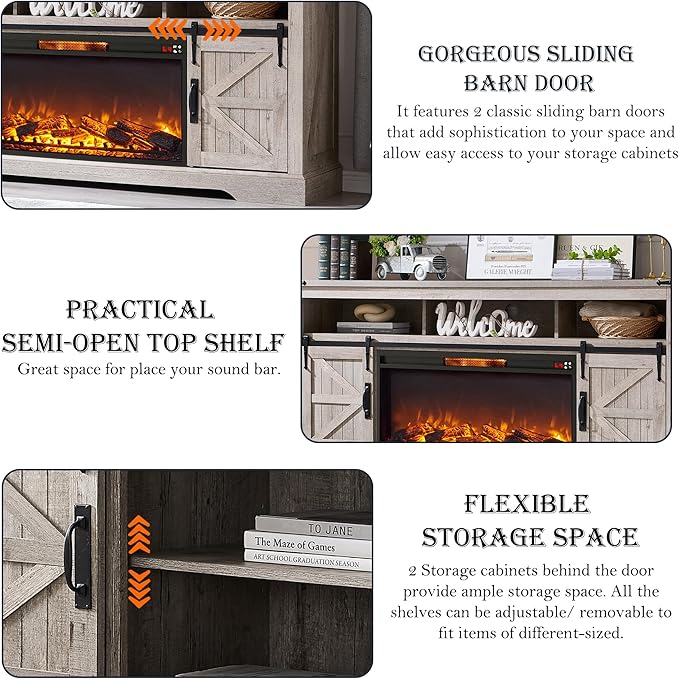 OKD Fireplace TV Stand for 80 Inch TV, Rustic Media Console w/Sliding Barn Door