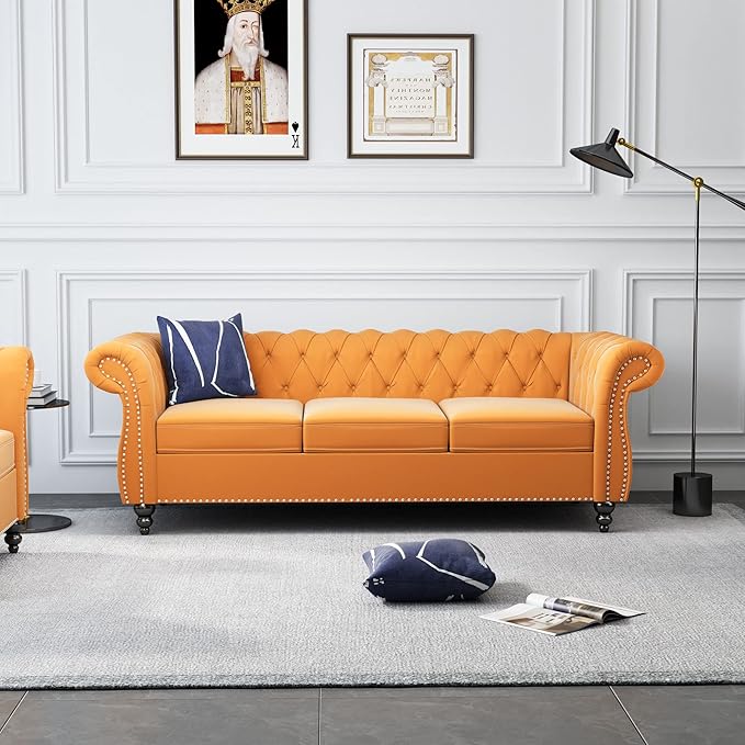ORRD 2 Piece Living Room Set, Velvet Chesterfield Sofa Loveseat Couch