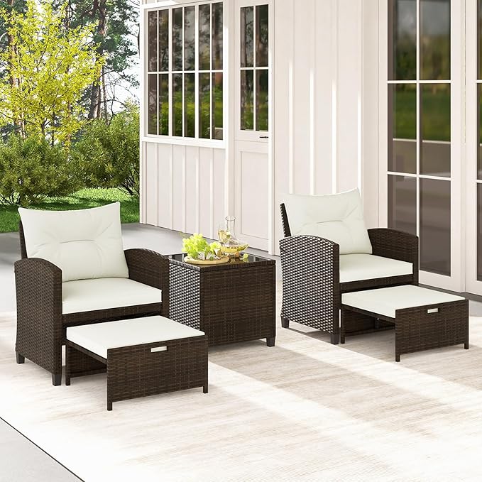 Tangkula 5 Pieces Patio Conversation Set, PE Wicker Outdoor Furniture Set