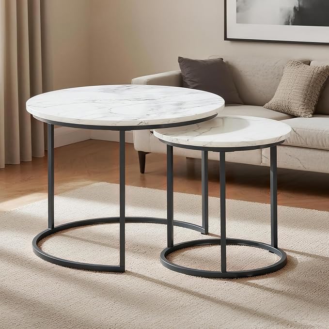 Round Nesting Coffee Table Set of 2, Modern Marble Pattern Wooden Nesting Tables