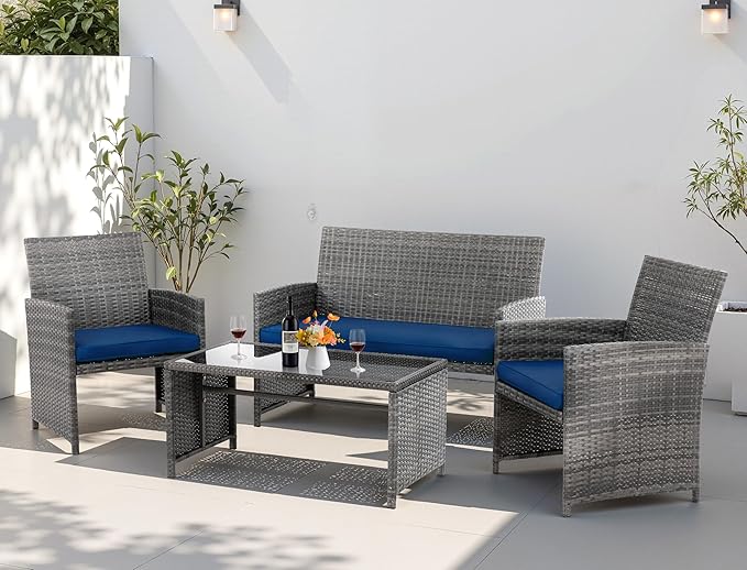 4 Piece Patio Ratten Set Outdoor Furniture Set Wicker Conversation Set