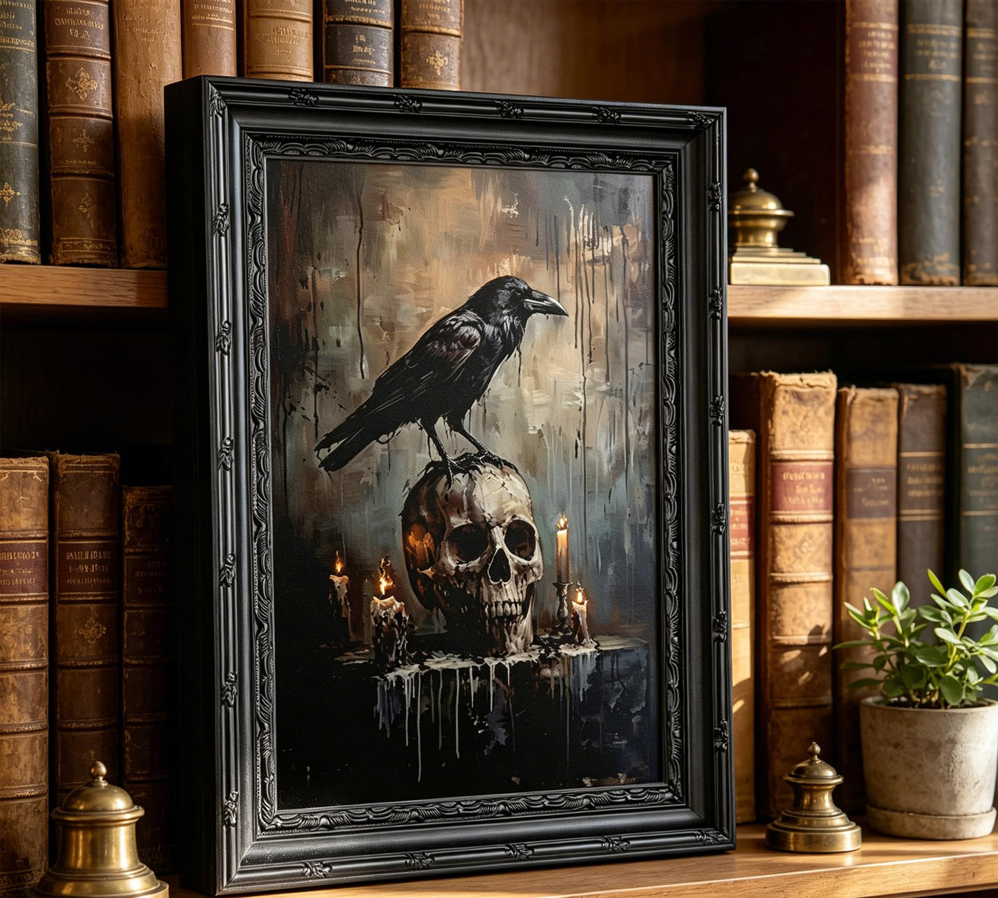 Gothic Crow & Skull Wall Art, Dark Academia Raven Perched on Skull Framed Canvas Wall Decor, Macabre Halloween Art for Home, Living Room, Bedroom, 9x11 Inch