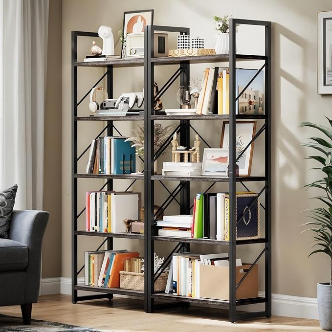 DWVO 5 Tier Bookshelf 2 Pack, Industrial Bookshelves Open Shelf Bookcase