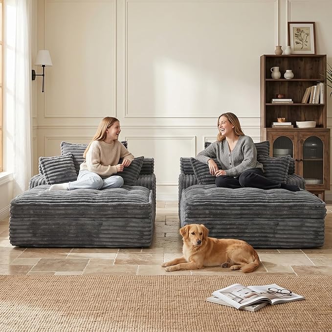 Boneless Chaise Lounge Couch Indoor, Oversized Corduroy Upholstered Sofa Bed