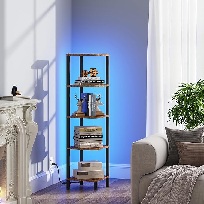 TUTOTAK Corner Shelf with LED Light, 5-Tier Corner Bookshelf