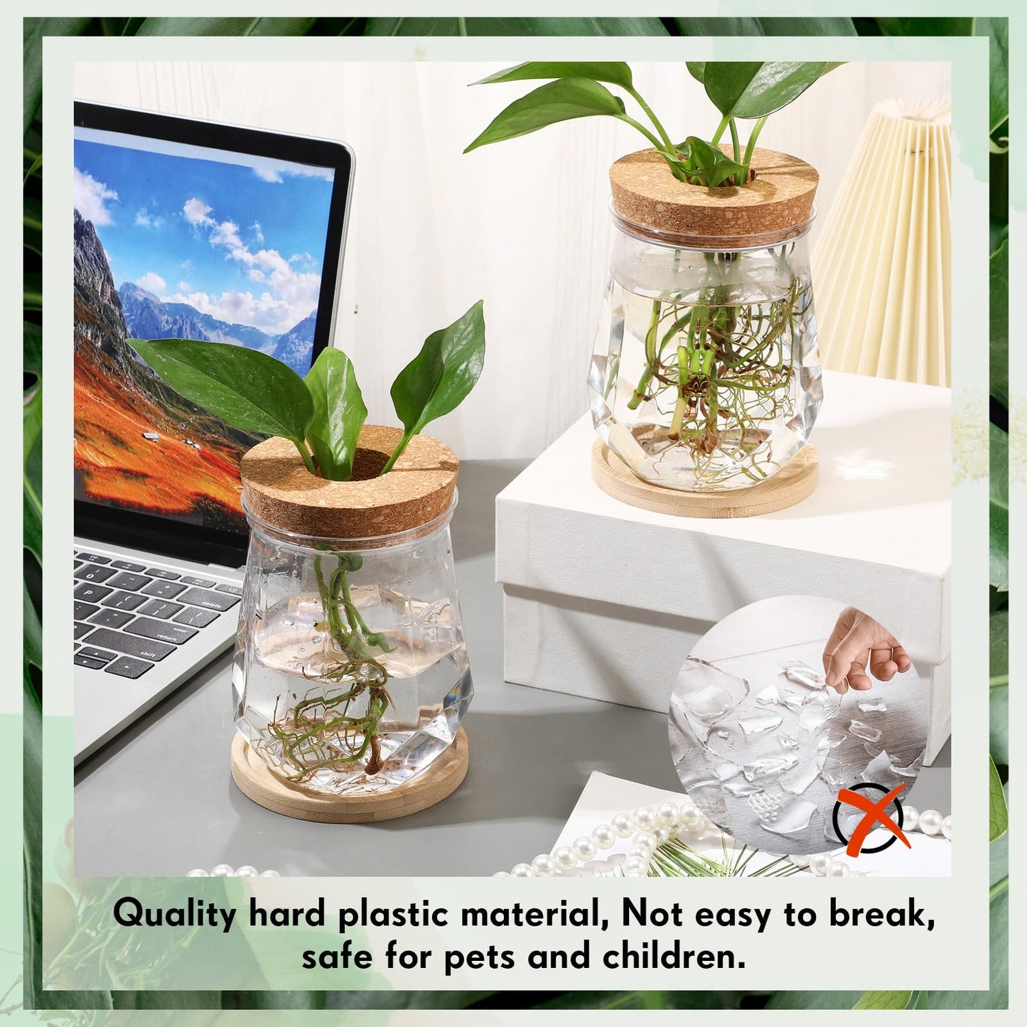 Baderke 12 Packs 4.7" Large Plastic Propagation Vases for Plants with Hole Lid and Bamboo Stand Growing in Water Hydroponic Home Office Desktop Vase Decoration