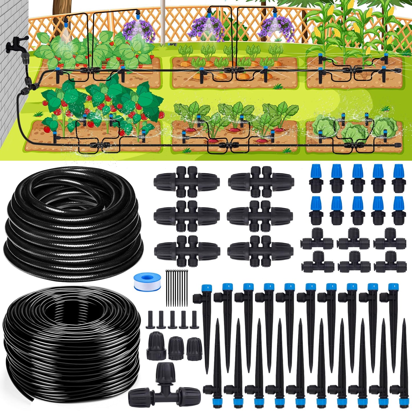 Inntop 240FT Drip Irrigation System Kits, Quick Connect Automatic Garden Watering System for Raised Bed, Potted Plants, Lawn, Greenhouse with 1/2 inch Hose 1/4 inch Tubing and Accessories
