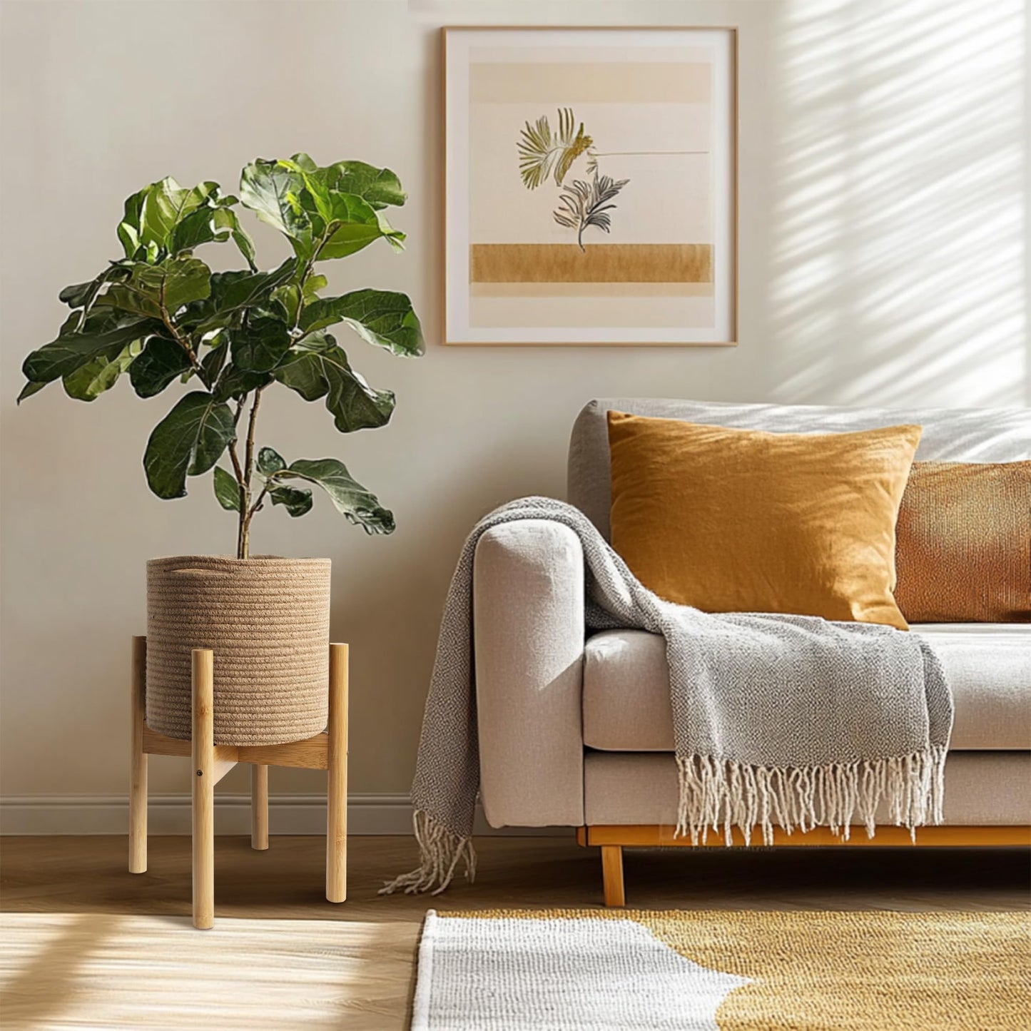 WILLITAT Plant Basket with Stand, Indoor Round Wicker Basket Plant with Bamboo Wood Stand, Decorative Woven Rope Flower Indoor Planter with Legs, Boho Bamboo Wood Planter Holder (Jute)