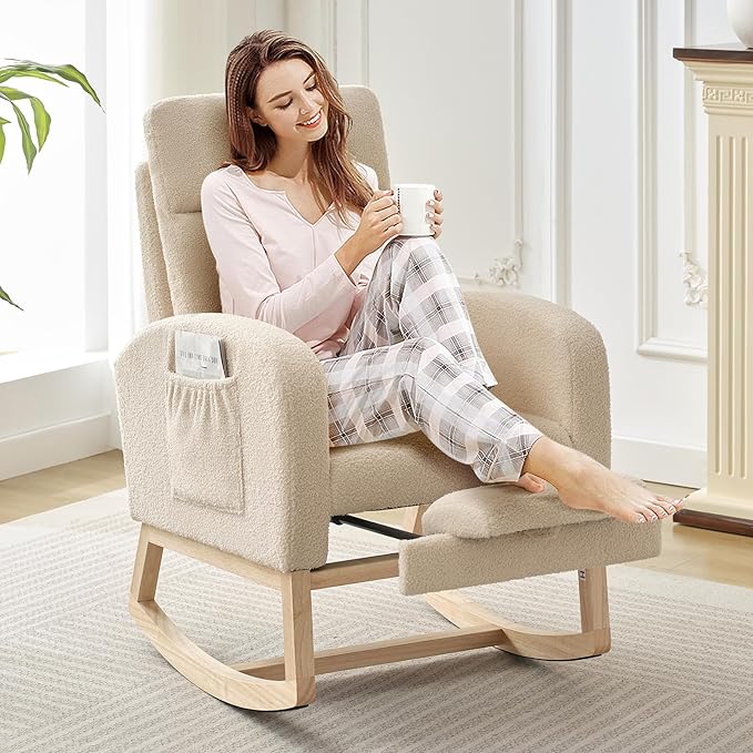 Nursery Rocking Chair with Foot Rest, High Back Upholstered Glider Rocker Chair