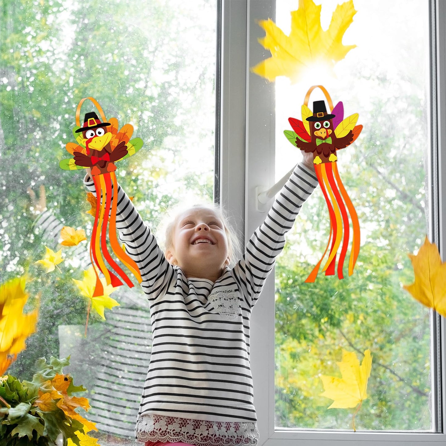 Cinrobiye 24 Set Turkey Windchime Craft Thanksgiving Windsock Kits DIY Wind Chime Flags Fall Hanging Ornament Wind Socks Farmhouse Yard Garden Patio Lawn Decor for Home School Activities Supplies