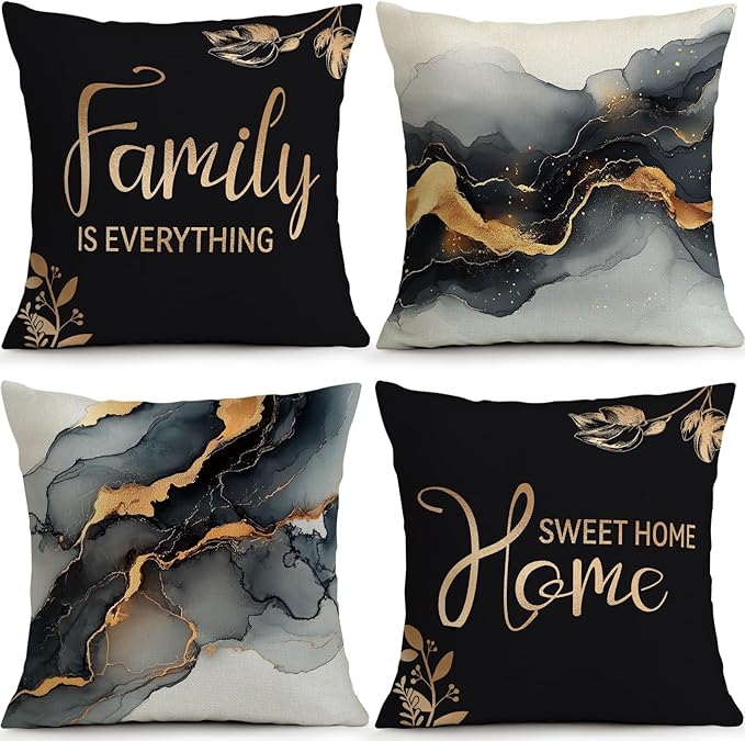 OBSEDE Black Gold Marble Sweet Home Decorative Throw Pillow Covers 18 × 18 in