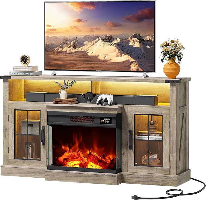 WLIVE 3-Sided Glass Electric Fireplace TV Stand