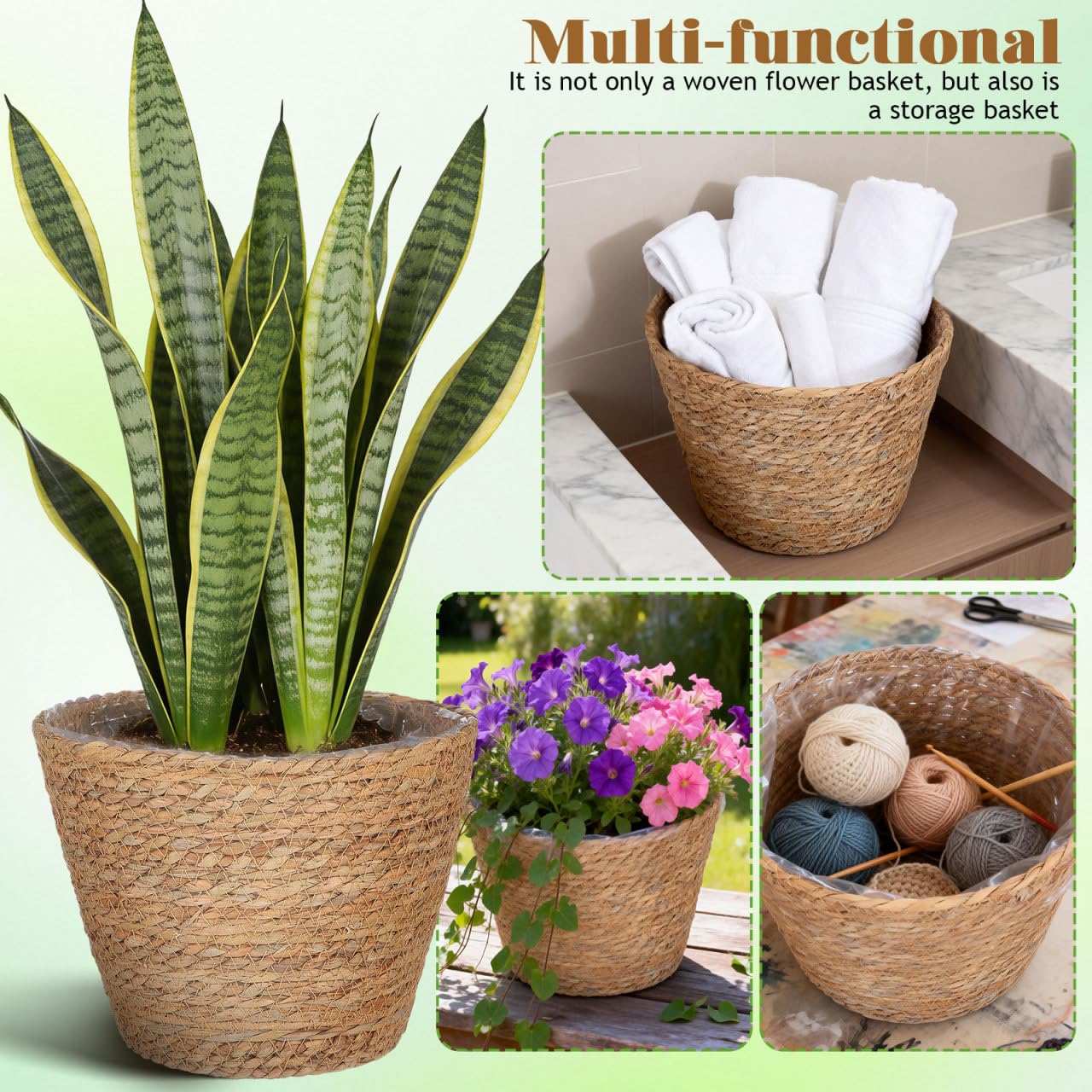 Wicker Planter Baskets with Plastic Liner: 2Pcs Round Seagrass Planter Storage Baskets, Straw Woven Rattan Flower Plants Pot Covers for Indoor Outdoor, Rustic Boho Farmhouse Decor 9 X 9 X 6.5''