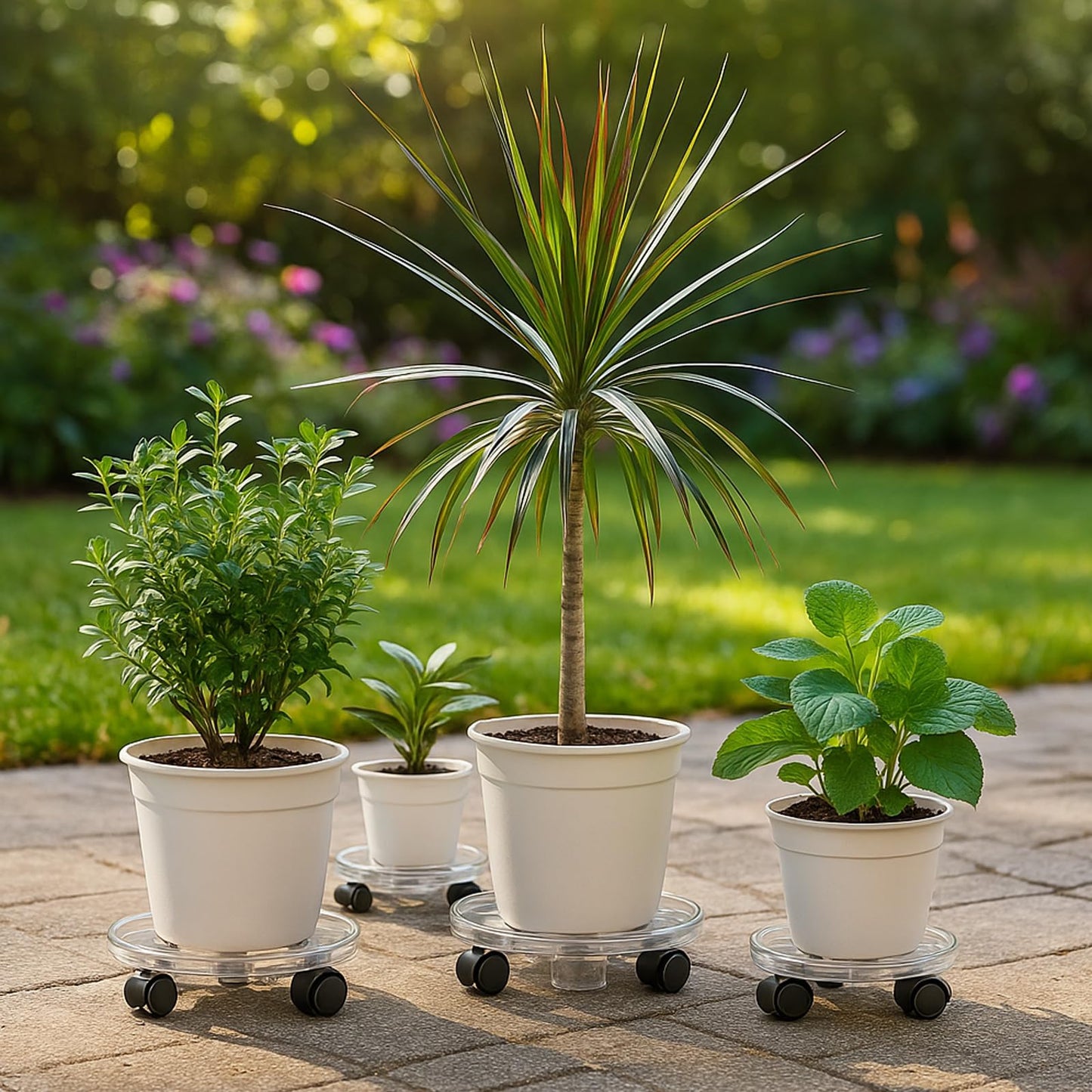 KvyusFlourish 4 Packs 13 Inches Large Clear Plant Caddy Plant Saucers on Wheels Rolling Plant Stands Heavy-duty Plant Dolly Plastic Planter Roller Base Pot Movers Outdoor Plant Tray Coaster