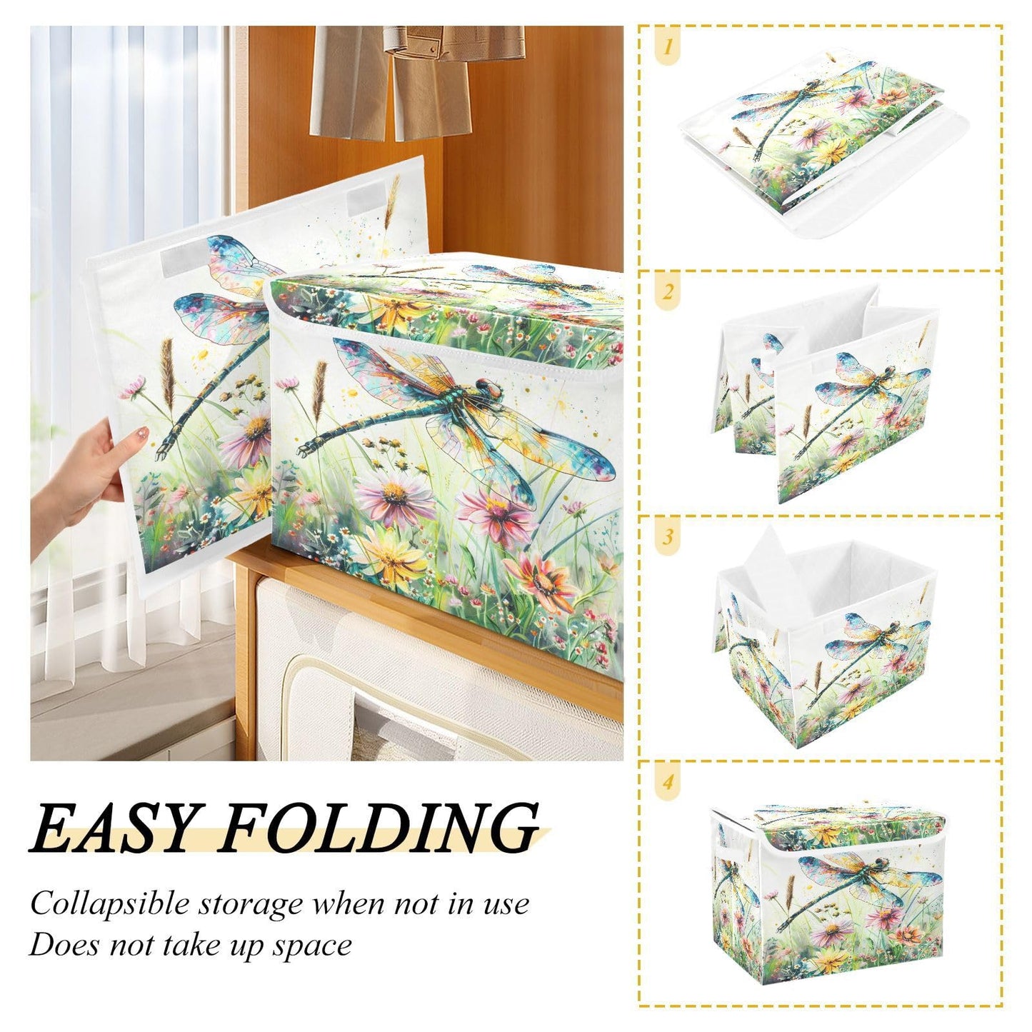 senya Baskets Collapsible Storage Bins with Lids, Dragonfly Wildflowers Painting Storage Boxes Clothes Baskets for Organizing