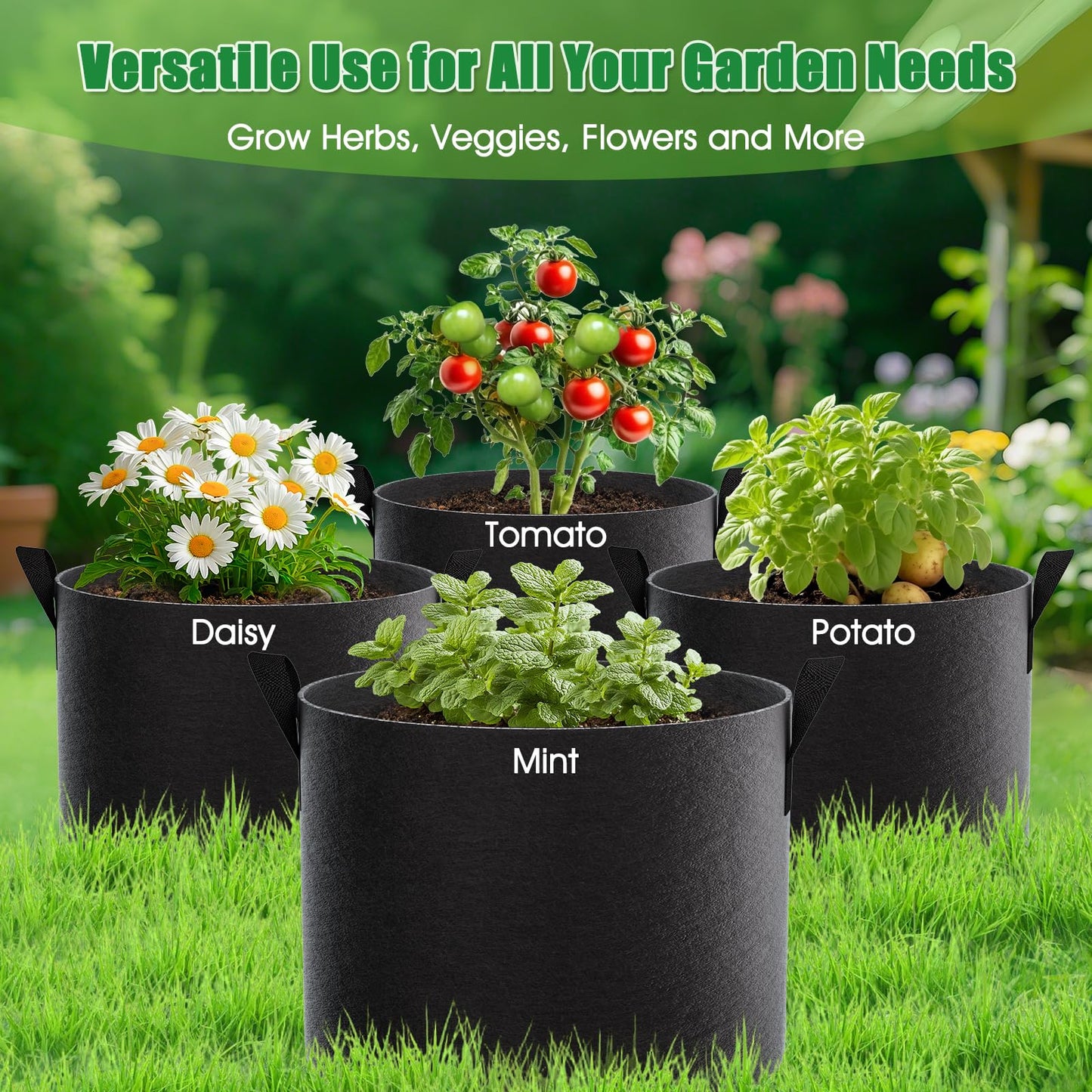 FEED GARDEN 15 Gallon Grow Bags 4 Pack – Heavy Duty 300G Thick Fabric Plant Pots with Reinforced Handles, Breathable Drainage Planters for Tomatoes, Potatoes & Large Vegetables Indoor Outdoor