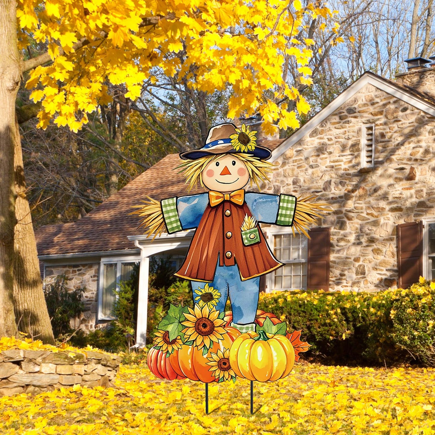JarThenaAMCS 33" H Fall Scarecrow Metal Garden Stakes Rustic Pumpkin Pile Scarecrow Decorative Lawn Sign for Autumn Thanksgiving Home Outside Lawn Porch Decor