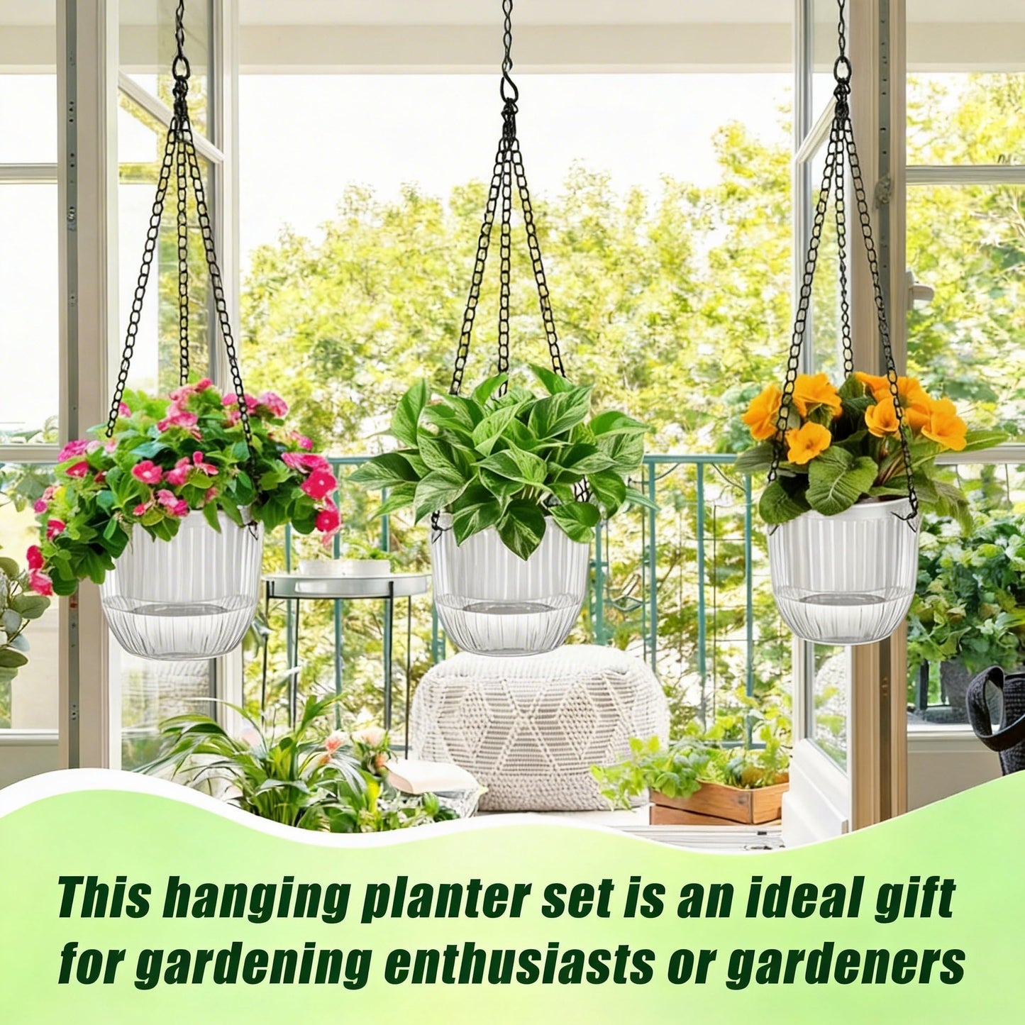 12 Pcs 4.5 Inch Self Watering Hanging Planters for Indoor Outdoor Plants Bulk Pet Small Hanging Flower Pots with Chain Hooks Drainage Holes with Labels 3 Transplant Tools Baskets for Simple Plant Care