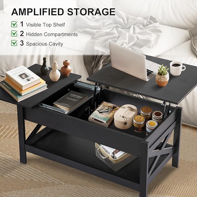 Lift Top Coffee Table with Storage, Small Coffee Table with Hidden Compartment