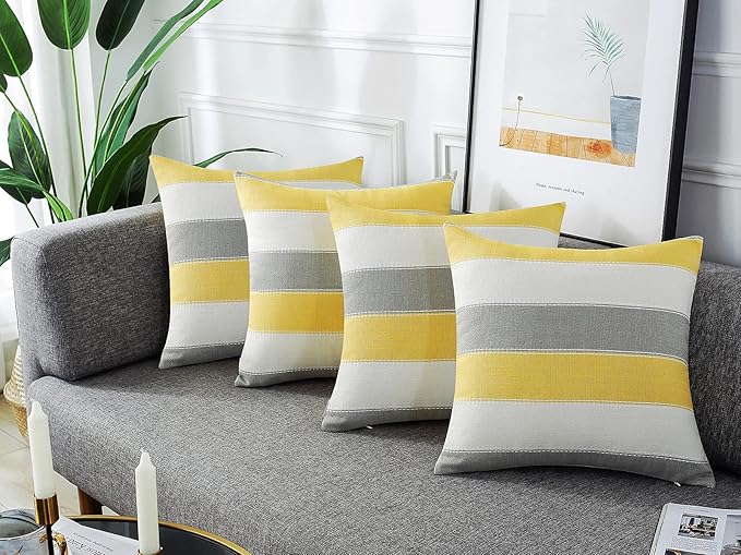 AmHoo Pack of 2 Farmhouse Stripe Check Throw Pillow Covers Set Case Cotton